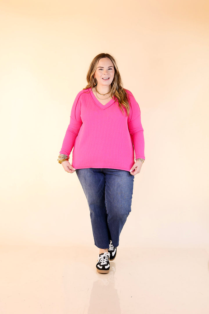Daily Perfection V-Neck Long Sleeve Ribbed Top in Hot Pink