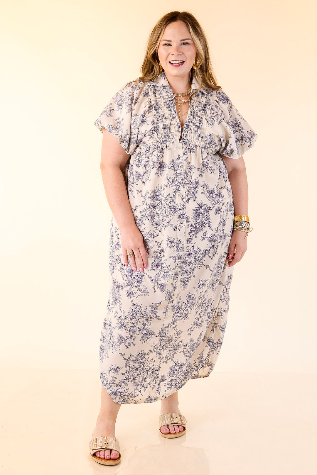 Timeless Blossom Floral Print Button Up Dress in Cream and Blue