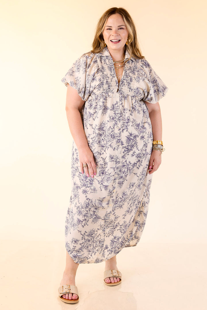 Timeless Blossom Floral Print Button Up Dress in Cream and Blue