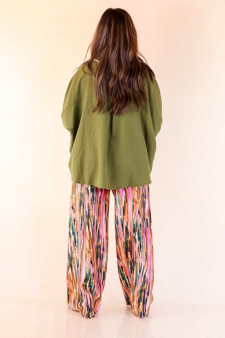 In Good Company Button Up Top with Scalloped Trim Stitching in Olive Green