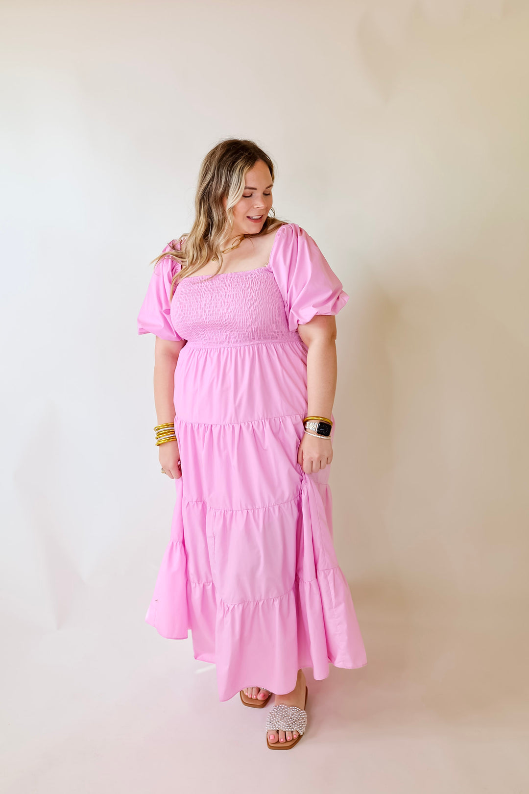 Santorini Sunshine Short Balloon Sleeve Maxi Dress in Light Pink - Giddy Up Glamour Boutique