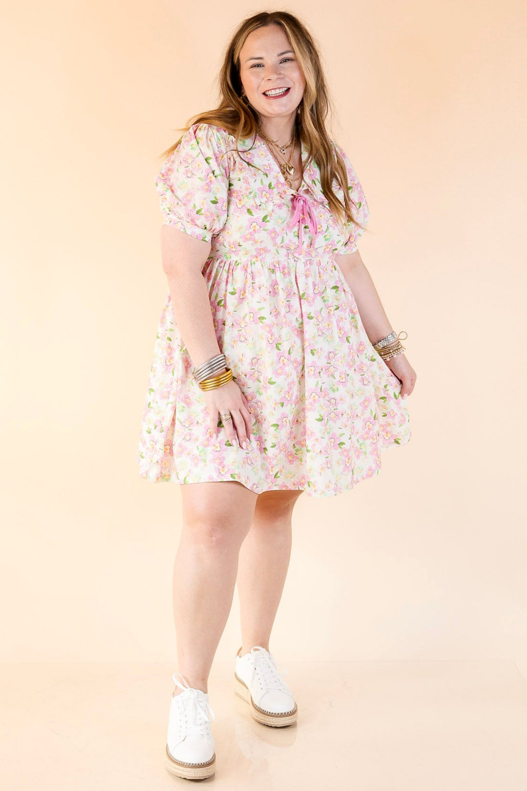 Pretty in Petals Pink Floral Babydoll Dress with Peter Pan Collar in Cream
