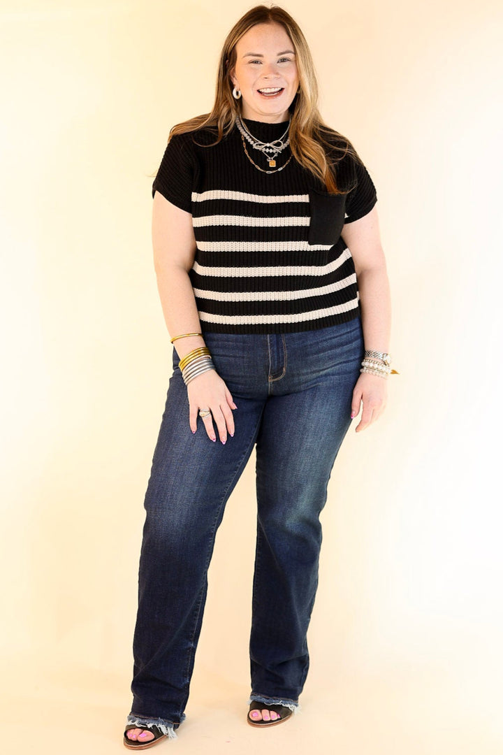 Repeat Worthy Striped Cap Sleeve Cropped Sweater with Front Pocket in Black