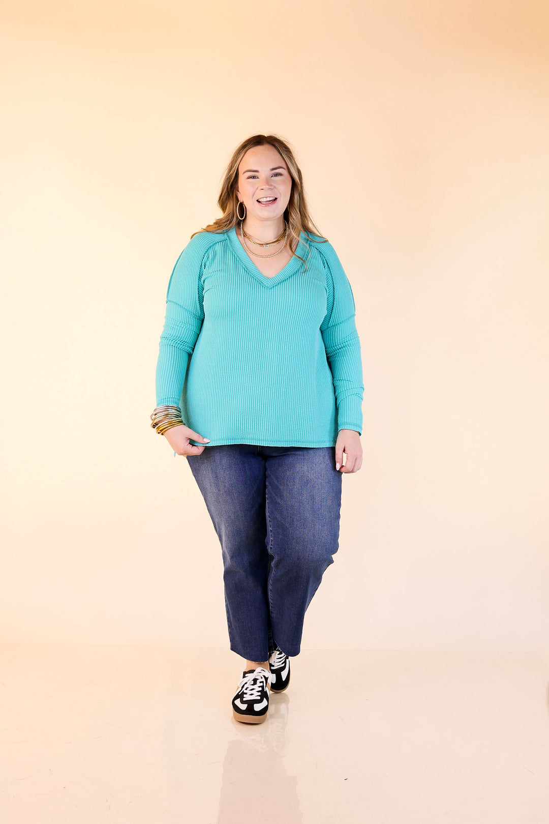Daily Perfection V-Neck Long Sleeve Ribbed Top in Turquoise Blue