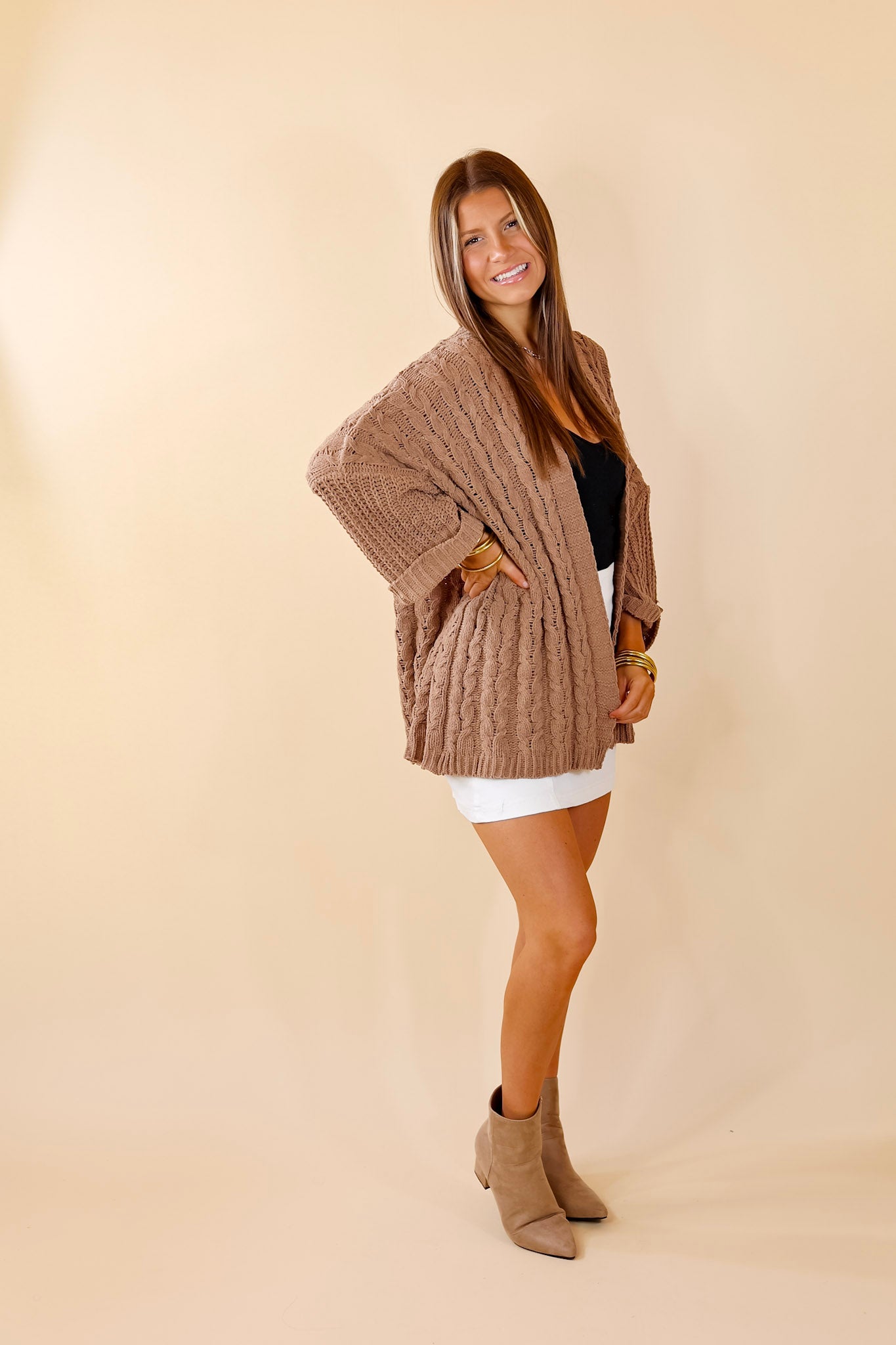 On My Level Chenille Cable Knit Open Front Cardigan in Cappuccino Brown - Giddy Up Glamour Boutique