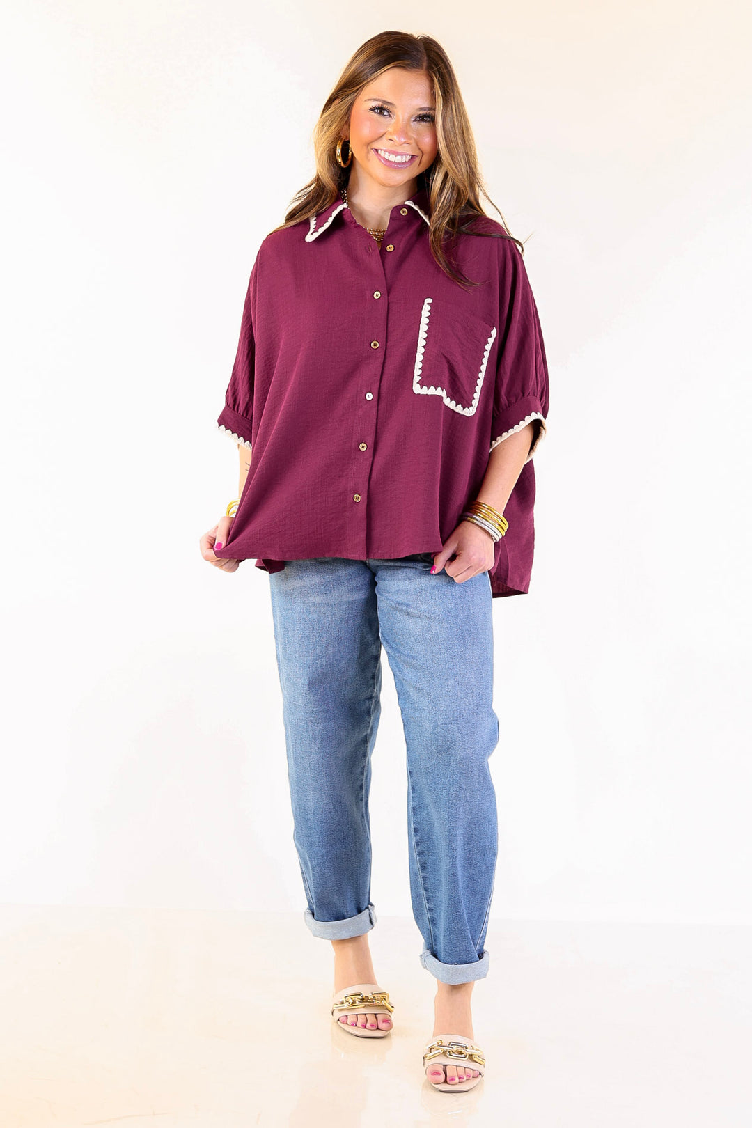 In Good Company Button Up Top with Scalloped Trim Stitching in Maroon