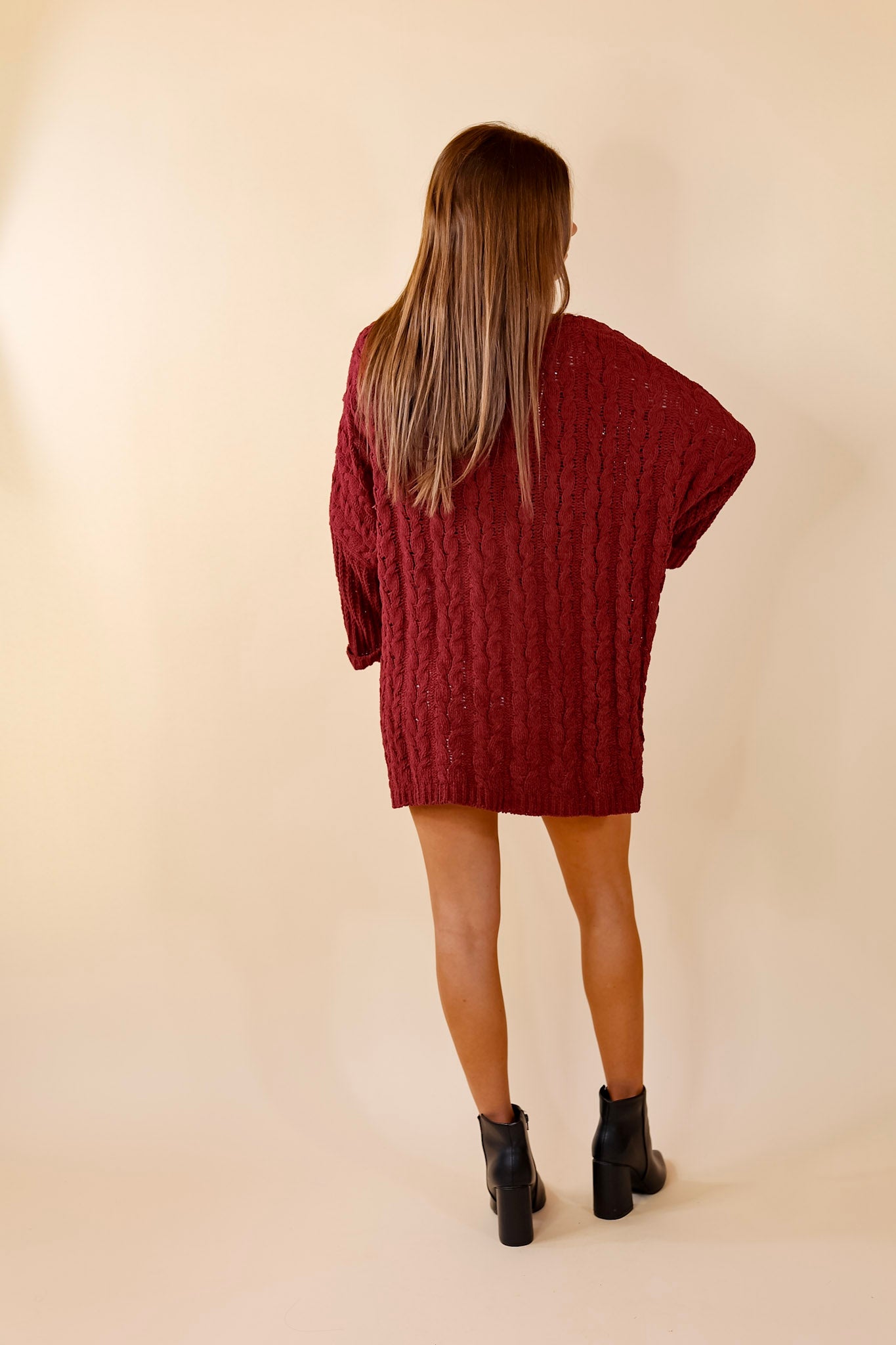 On My Level Chenille Cable Knit Open Front Cardigan in Maroon - Giddy Up Glamour Boutique