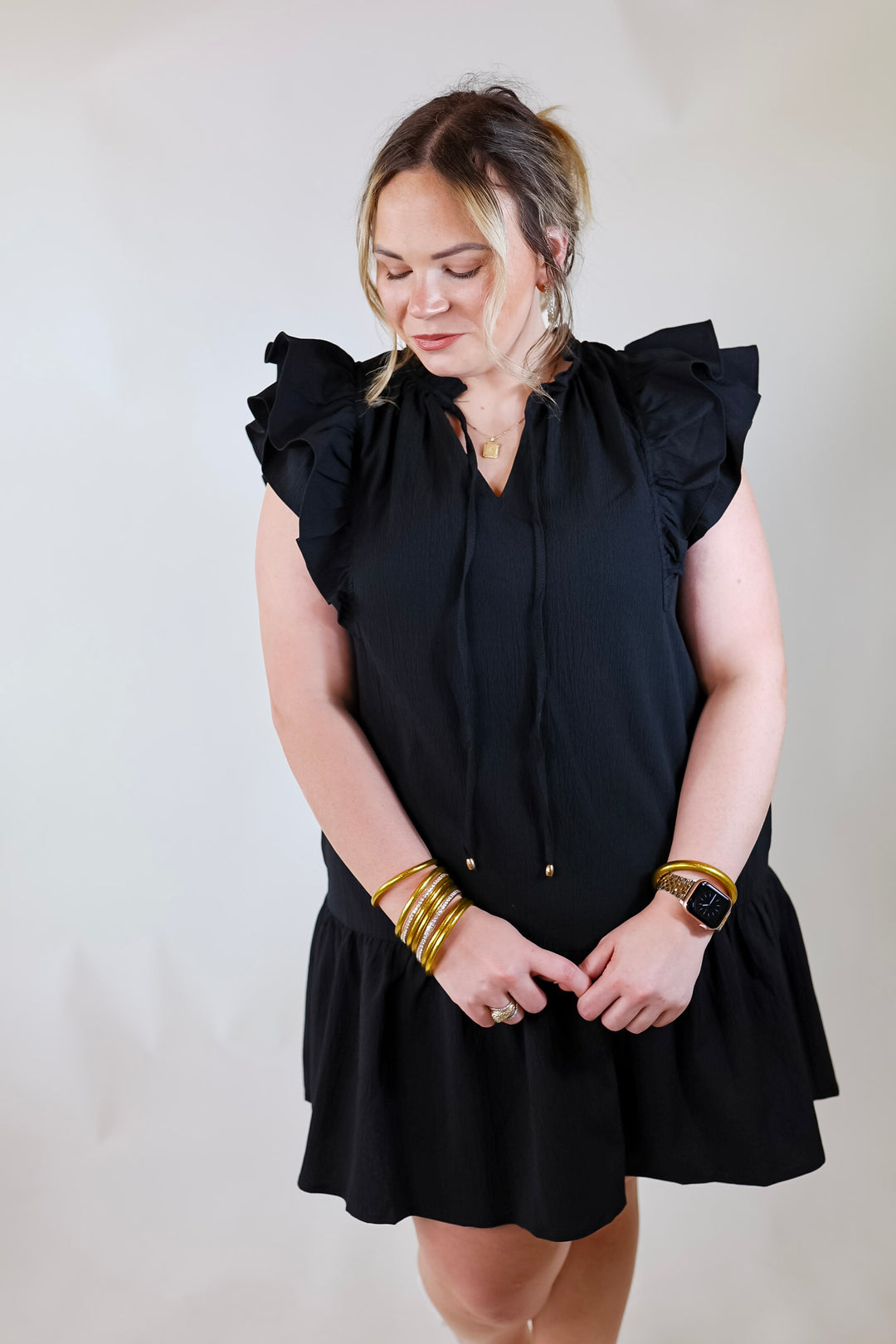Powerful Love Ruffle Cap Sleeve Dress with Keyhole and Tie Neckline in Black - Giddy Up Glamour Boutique