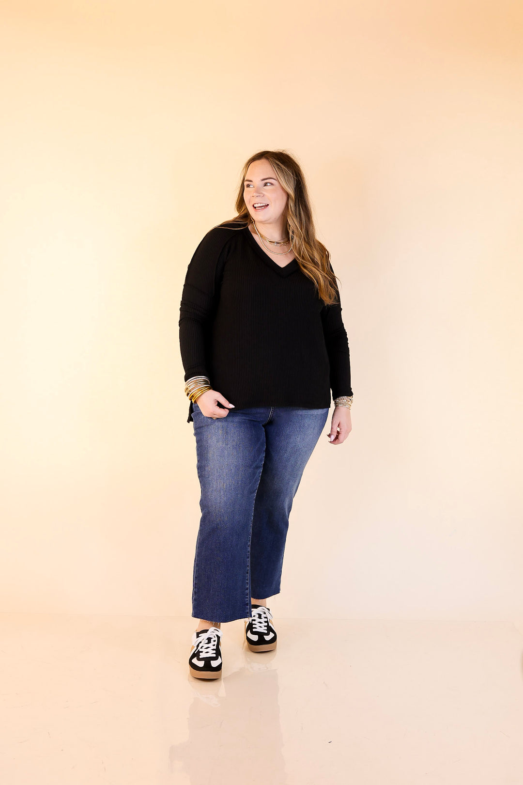 Daily Perfection V-Neck Long Sleeve Ribbed Top in Black