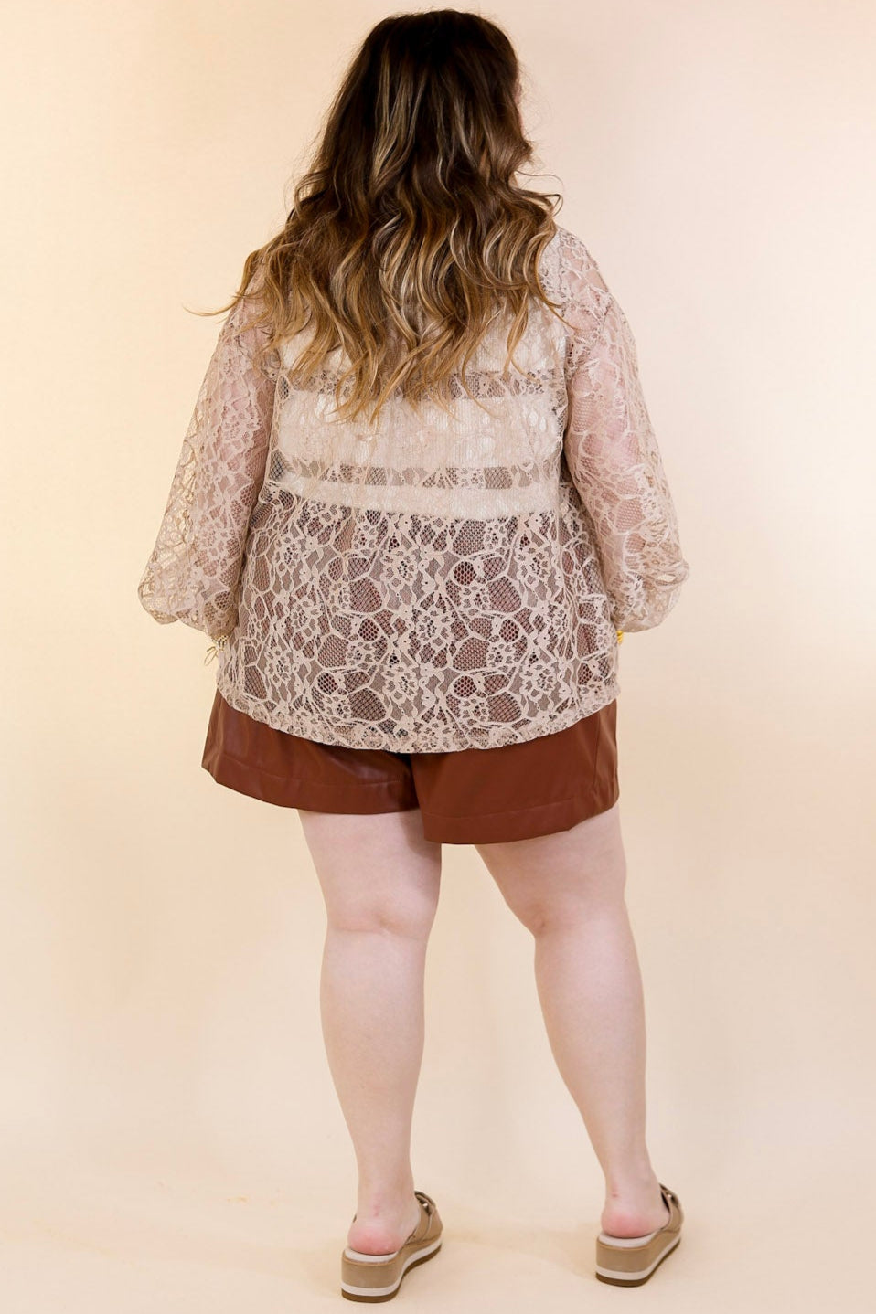 Sheer Chic Collared Button Up Lace Top in Taupe