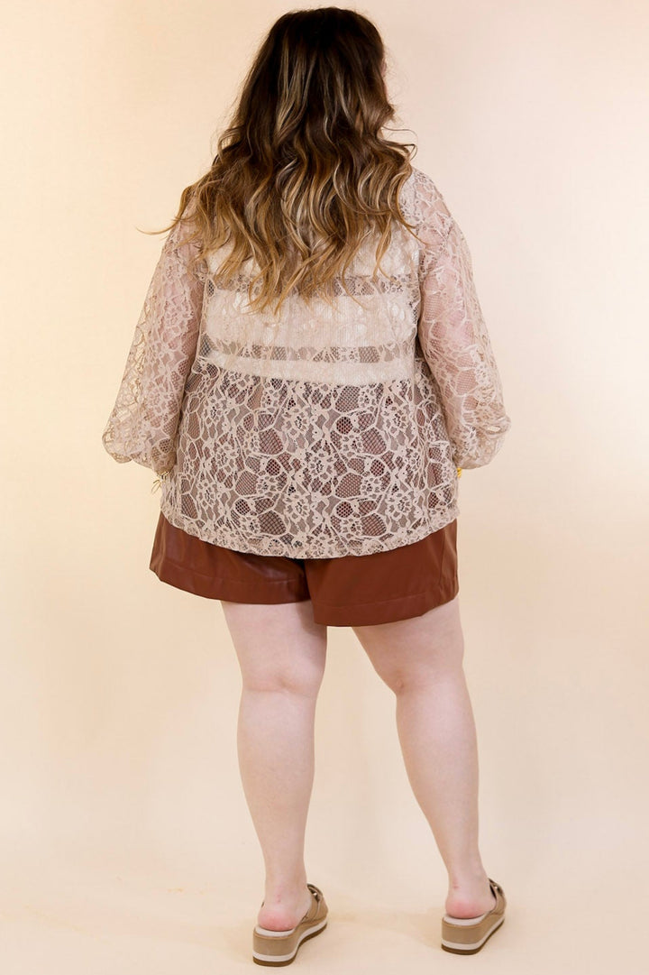 Sheer Chic Collared Button Up Lace Top in Taupe