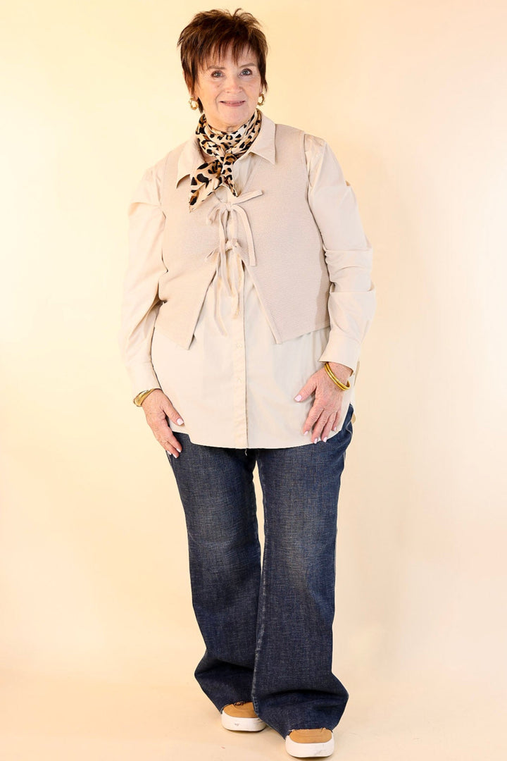 Main Attraction Bow Tie Front Sweater Vest in Natural