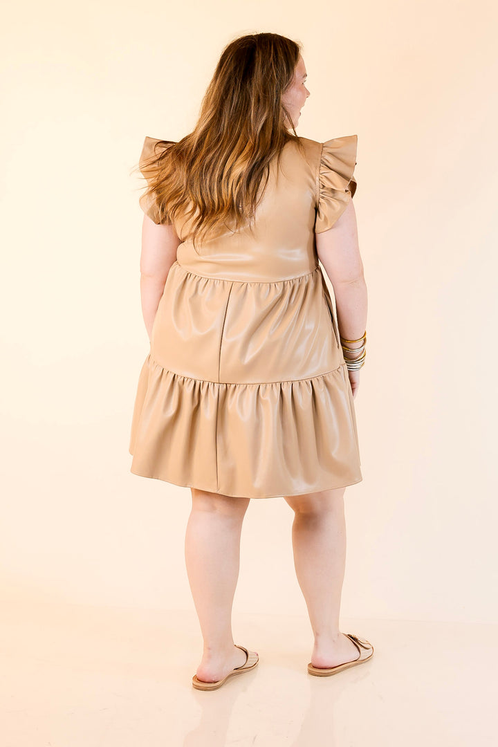 Magnolia Morning Ruffle Cap Sleeve Faux Leather Short Dress in Cream