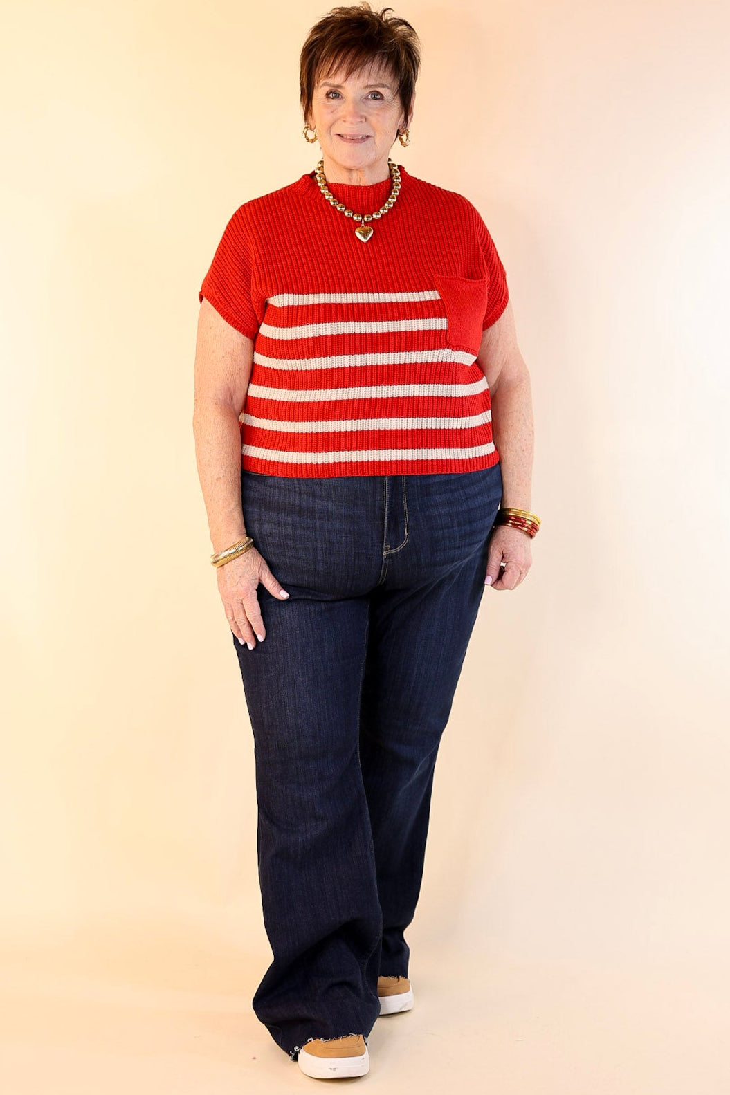 Repeat Worthy Striped Cap Sleeve Cropped Sweater with Front Pocket in Ruby Red