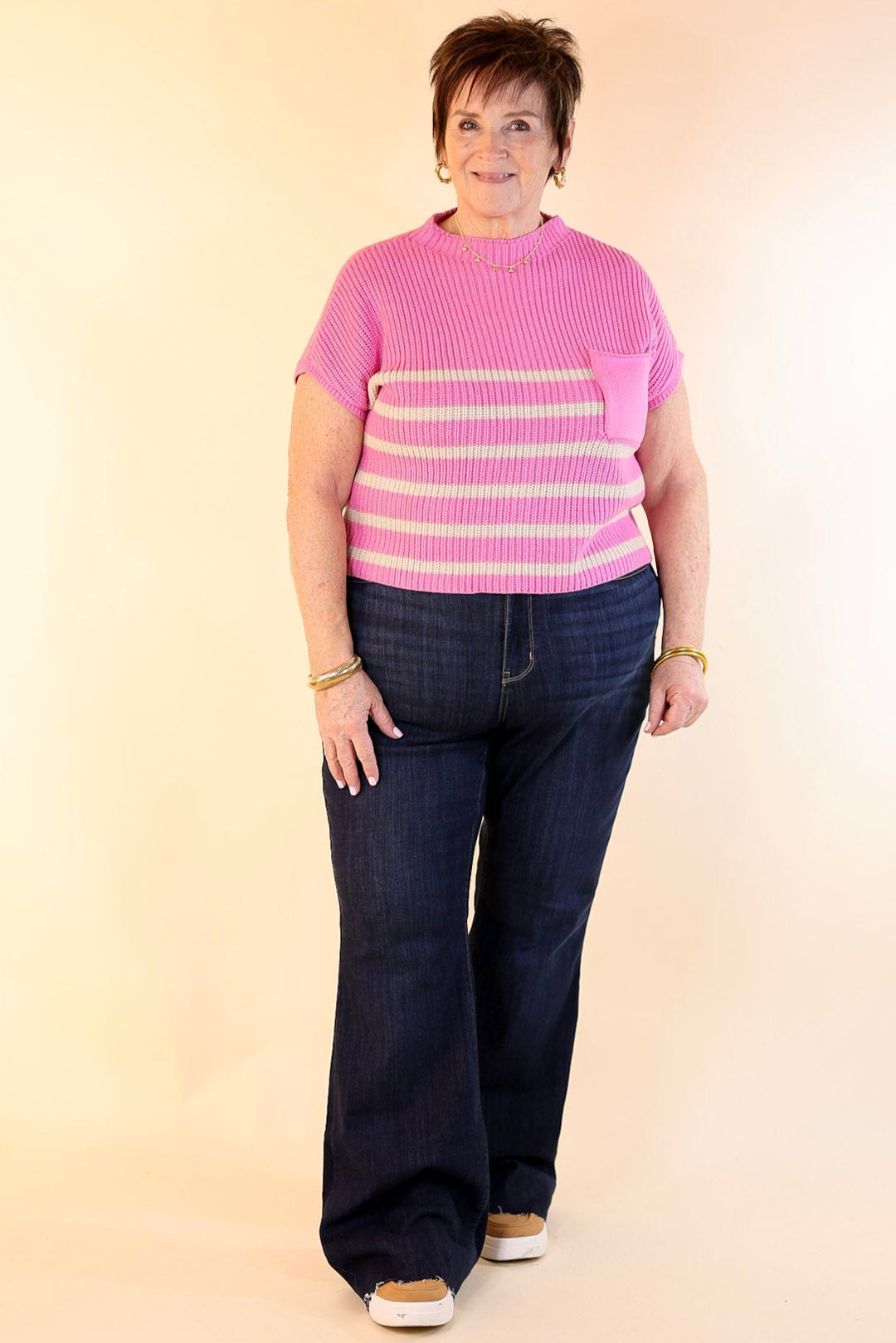 Repeat Worthy Striped Cap Sleeve Cropped Sweater with Front Pocket in Pink