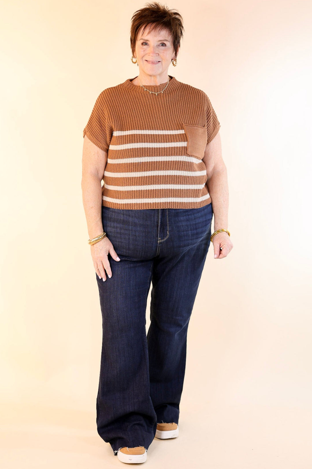 Repeat Worthy Striped Cap Sleeve Cropped Sweater with Front Pocket in Camel Brown