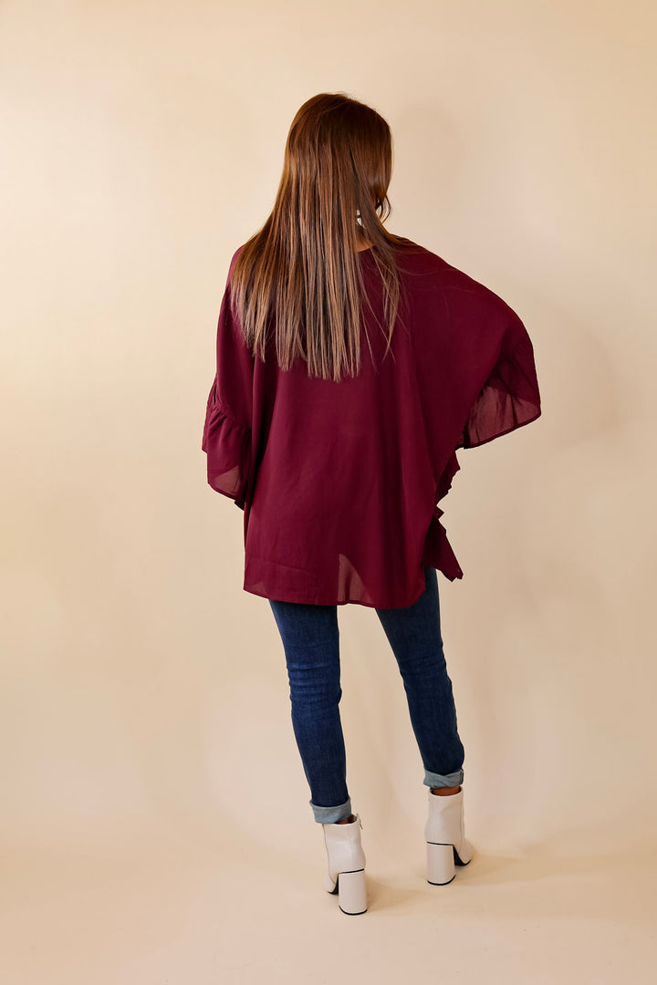 Secret Strength Ruffle Detail Poncho Top in Maroon - Giddy Up Glamour Boutique