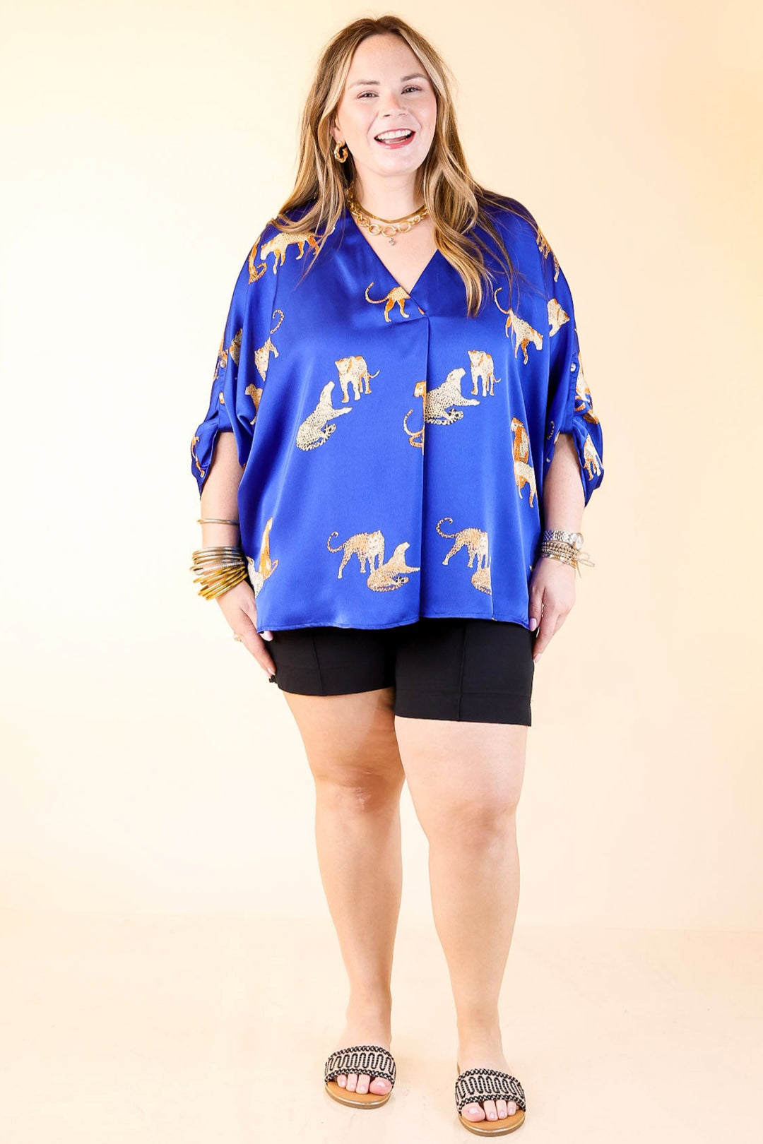 Staying Wild V-Neck Leopard Print 3/4 Sleeve Blouse in Royal Blue