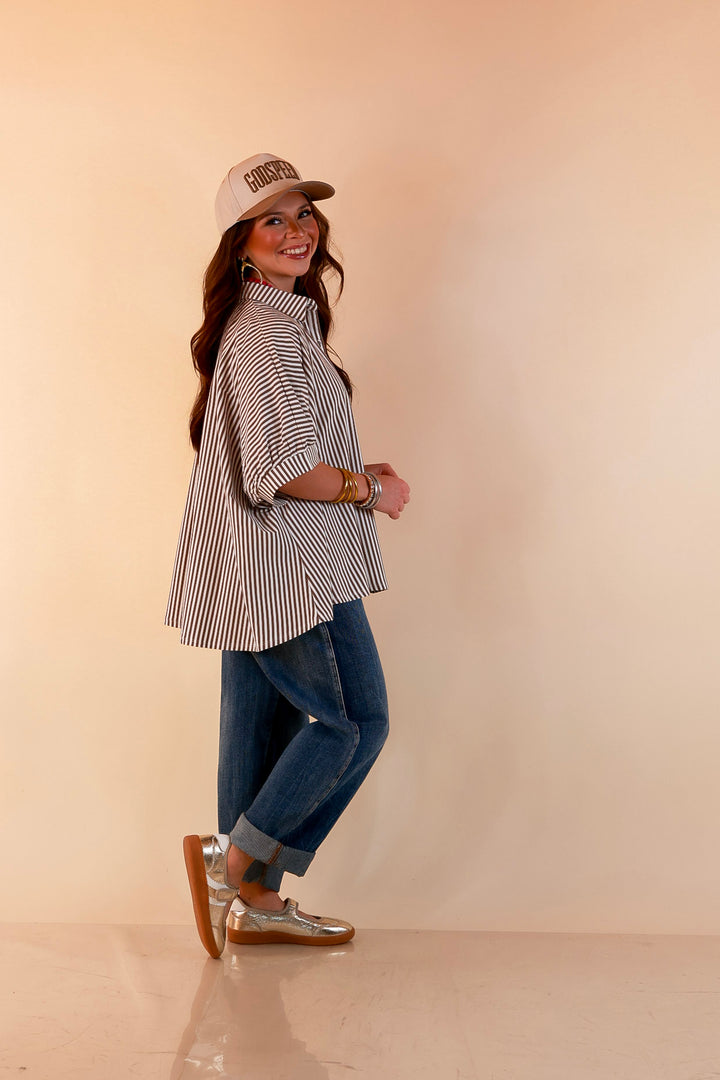 Perfectly Aligned Button Down Collared Top with Vertical Ivory Stripe Detail in Taupe Brown