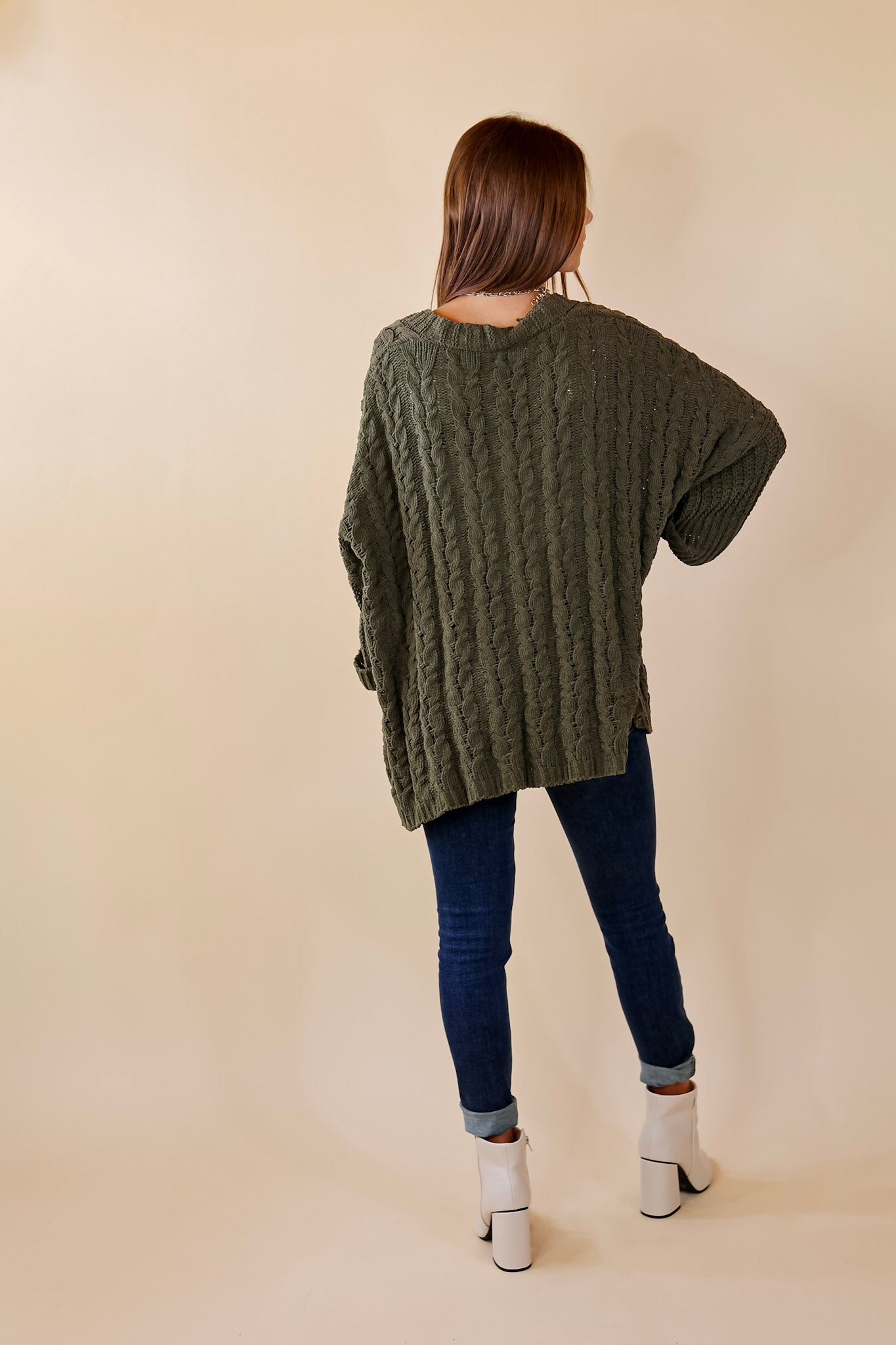 On My Level Chenille Cable Knit Open Front Cardigan in Olive Green - Giddy Up Glamour Boutique