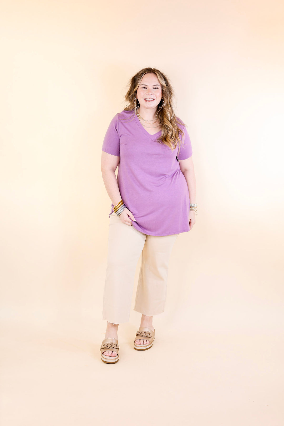Last Chance Size Small, Medium & 3XL | It's That Simple Solid V Neck Tee in Dusty Lavender