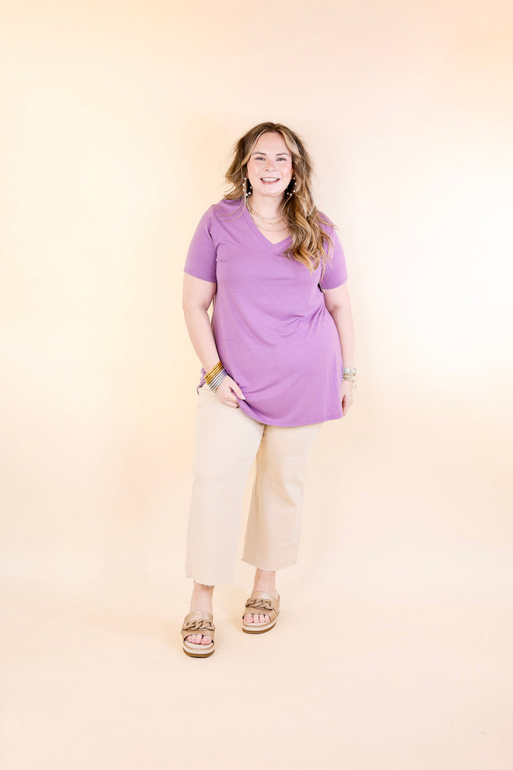 Last Chance Size Small, Medium & 3XL | It's That Simple Solid V Neck Tee in Dusty Lavender