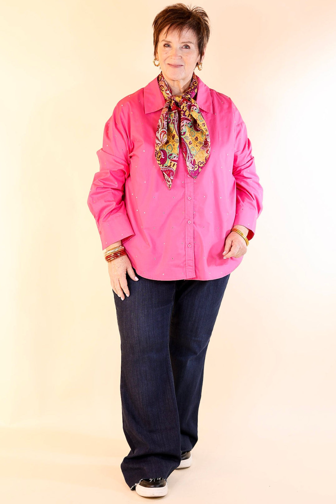 Shine On Collared Button Up Top with Rhinestones in Pink