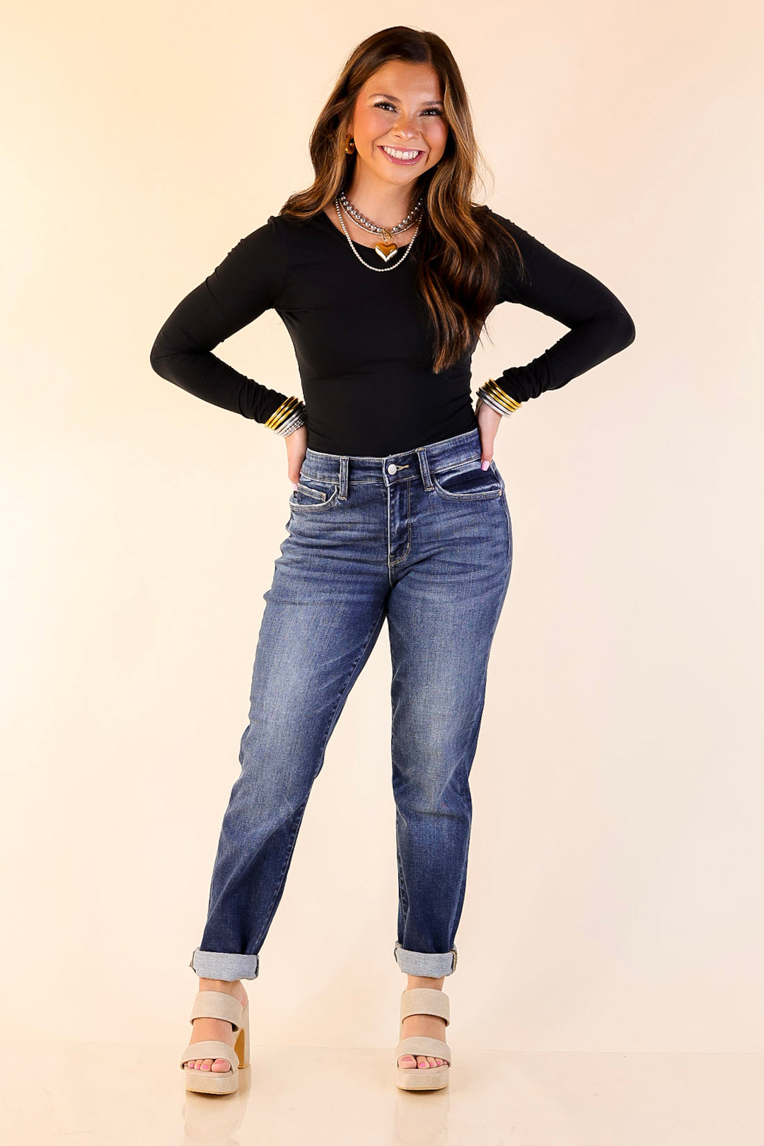 Judy Blue | Naturally Cool Cuffed Boyfriend Denim Jeans in Dark Wash