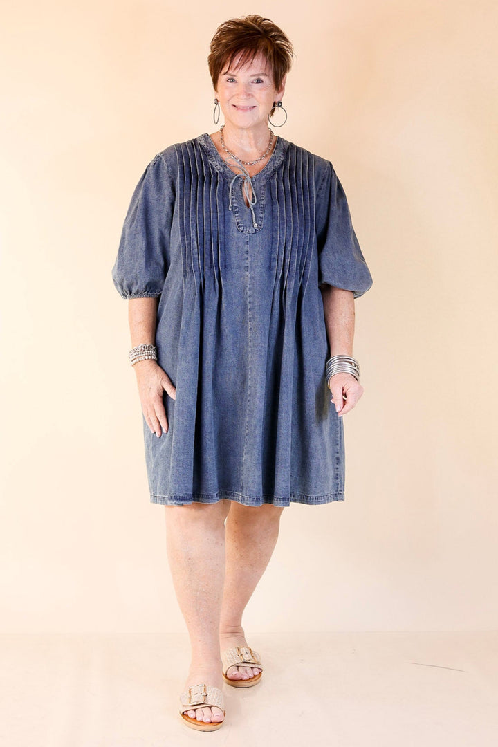 Breezy Beauty Denim Dress with Bow Keyhole and Front Pleating in Medium Wash