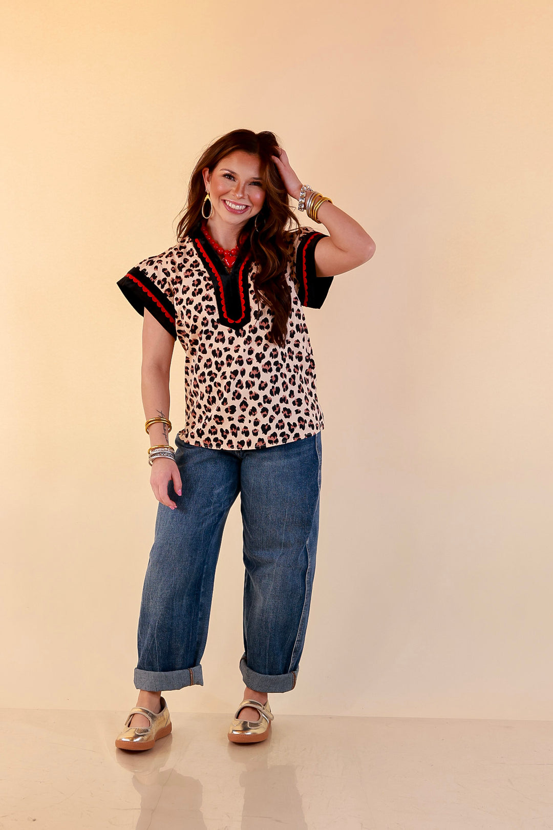 Simply Southern | Unapologetically Wild Leopard Print Contrast Trim with Velvet Details in Tan, Black and Red