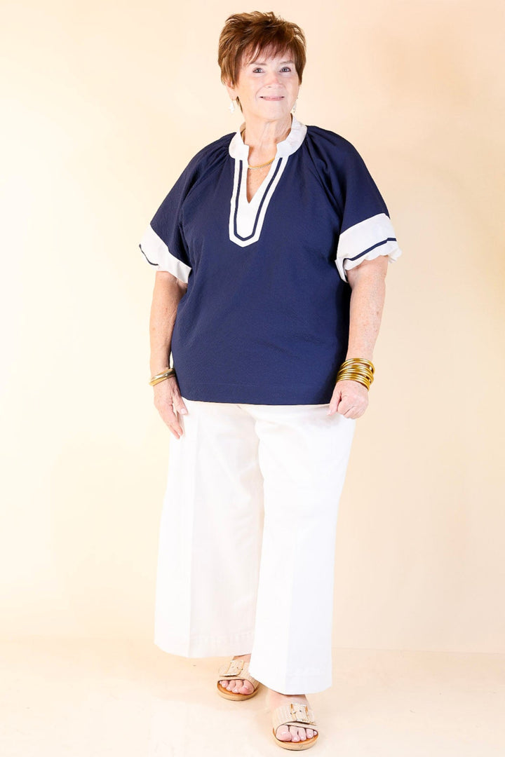 Polished Grace Textured V-Neck Blouse with Contrast Trim in Navy and Ivory