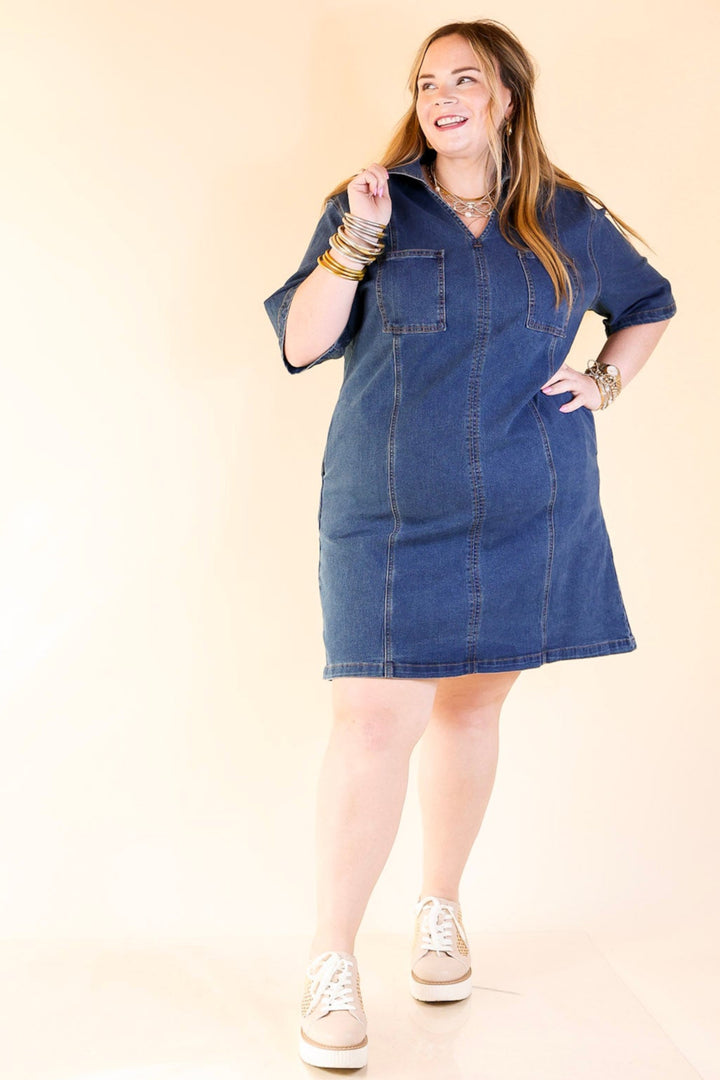 Style in Motion Denim Dress with Patch Pockets in Dark Wash