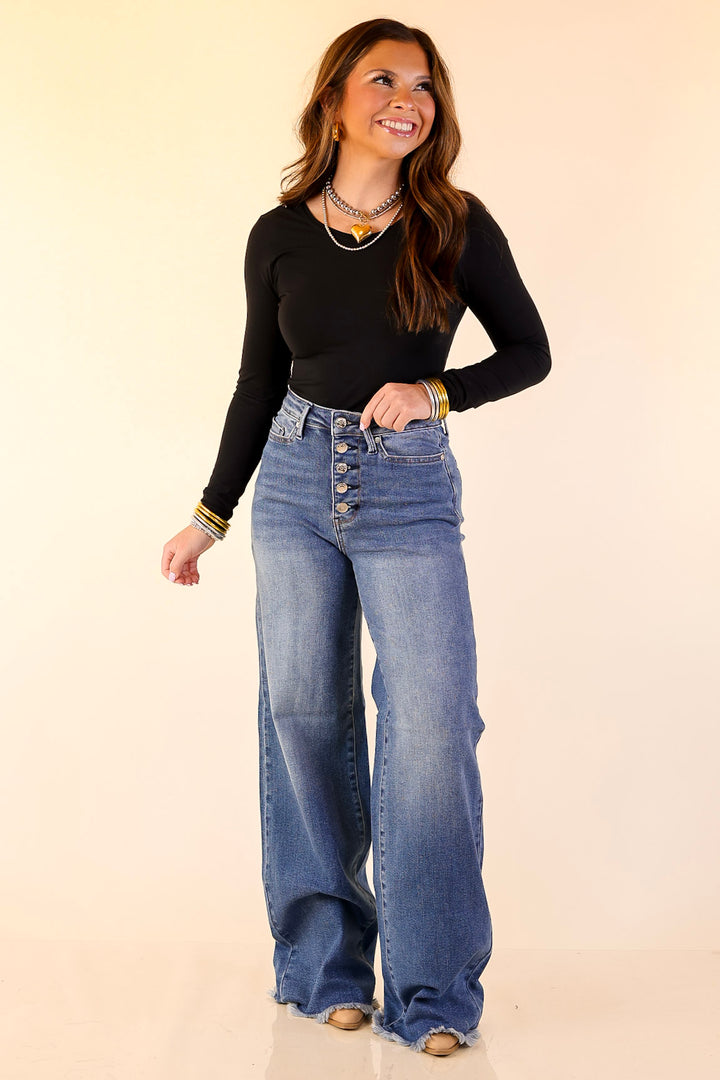 Judy Blue | Sharp Statement Straight Wide Leg Button Fly Jeans with Raw Hem in Dark Wash