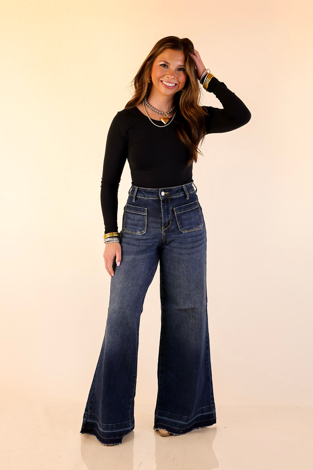 Judy Blue | Statement Maker Wide Leg Palazzo Jeans with Raw Hem and Front Patches in Dark Wash