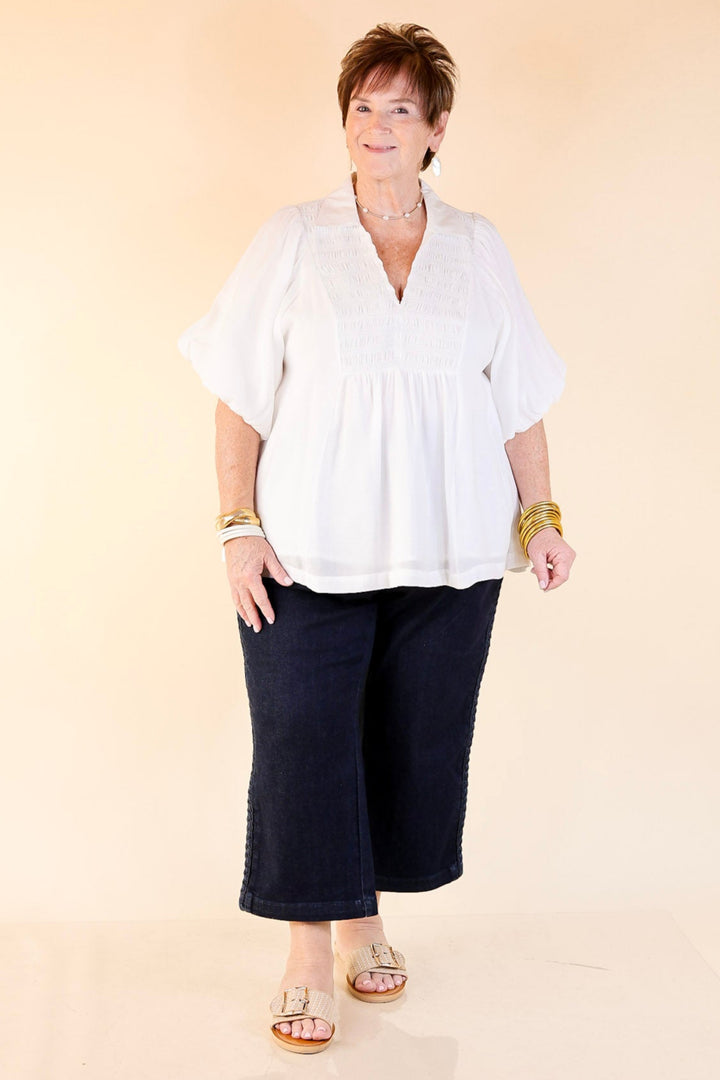 Crush on Classic Flowy Blouse with Smocked Yoke in White