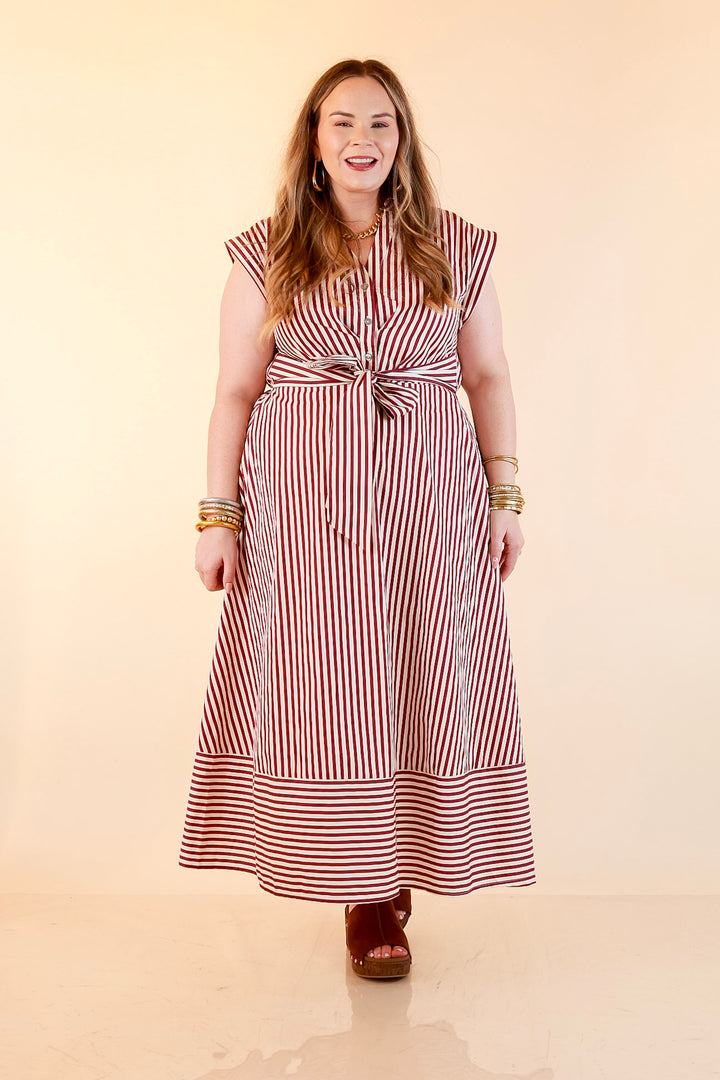In Good Standing Striped Tie Waist Button Down Midi Dress in Maroon and Ivory