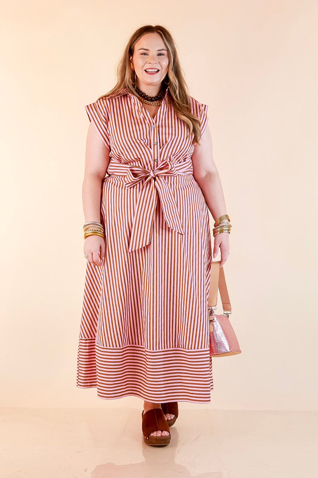 In Good Standing Striped Tie Waist Button Down Midi Dress in Pink and Brown