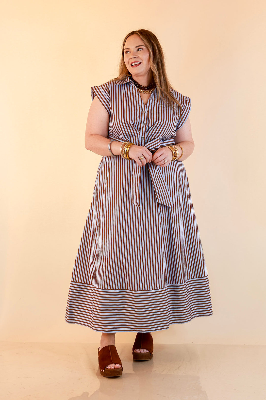 In Good Standing Striped Tie Waist Button Down Midi Dress in Blue and Brown