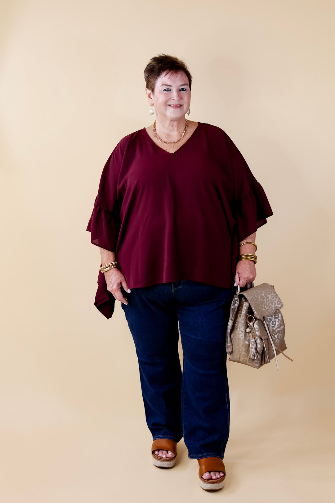 Secret Strength Ruffle Detail Poncho Top in Maroon - Giddy Up Glamour Boutique