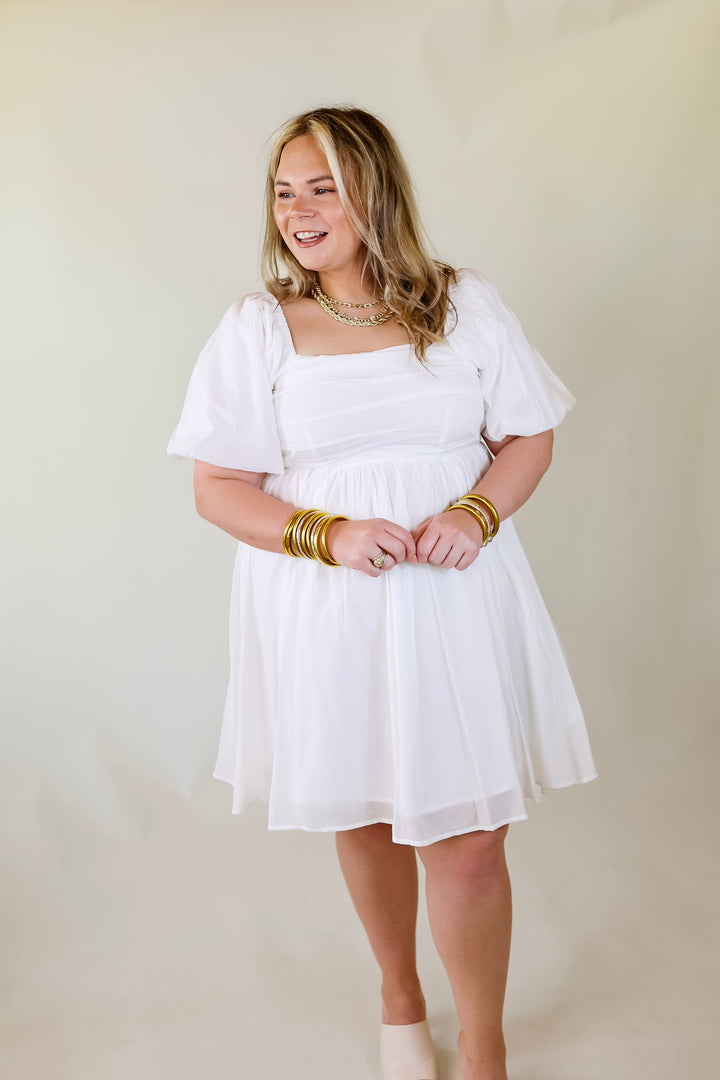 Livin Free Off The Shoulder Pleated Dress With Puffed Sleeves in White - Giddy Up Glamour Boutique