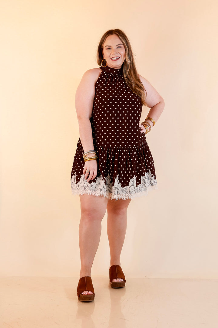 Something to Love Polka Dot Lace Trim Halter Dress in Chocolate Brown and Ivory