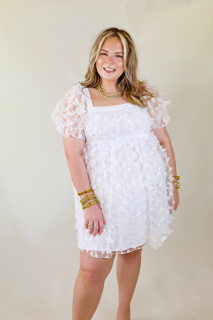 Sweetest Rush Butterfly Print Babydoll Dress in White - Giddy Up Glamour Boutique