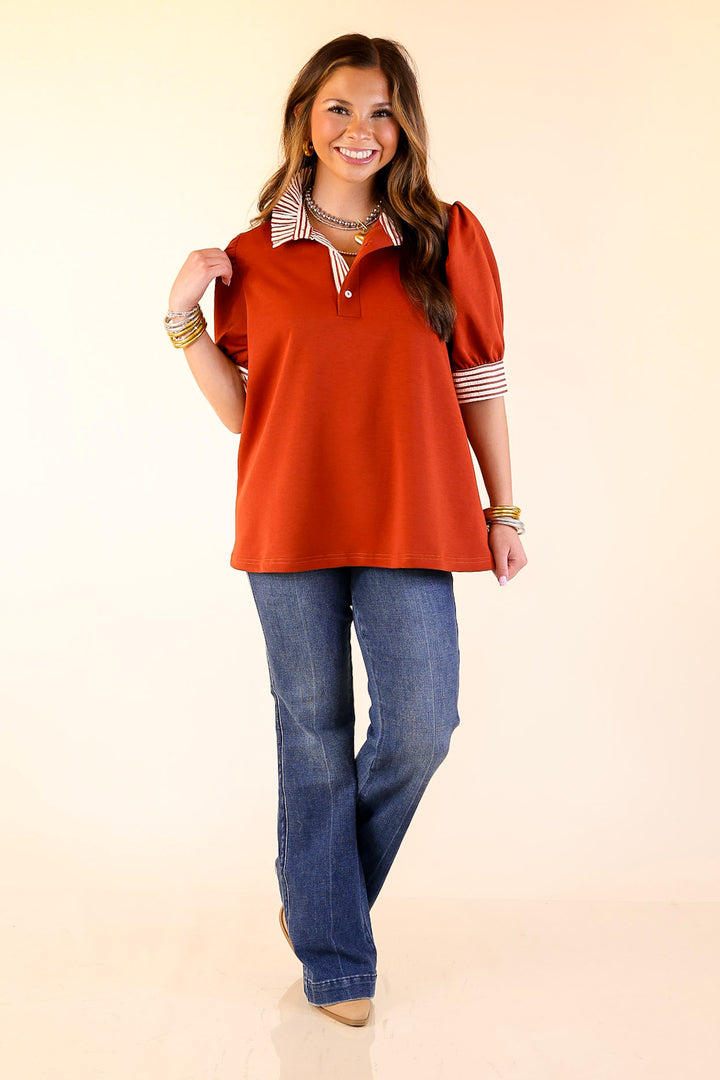 Refined Edge Short Puff Sleeve Top with Striped Collar in Rust Orange