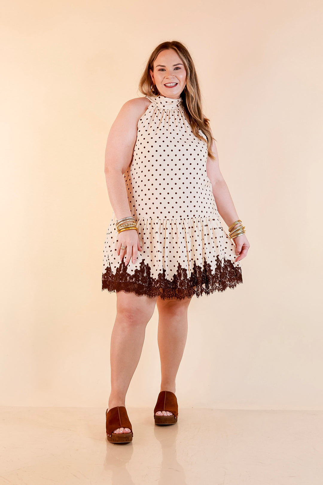 Something to Love Polka Dot Lace Trim Halter Dress in Ivory and Chocolate Brown