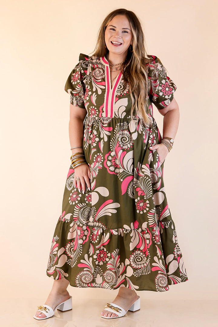 First Impressions V Neck Paisley Midi Dress in Olive Green and Pink Mix
