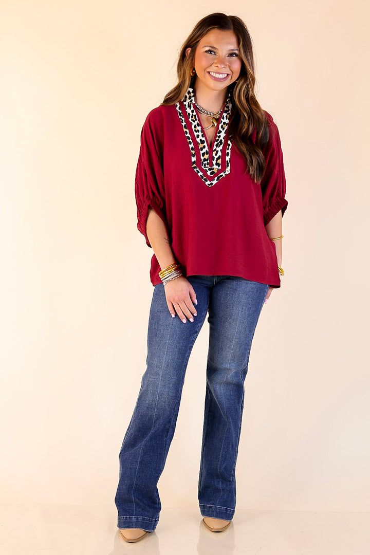 Naturally Stylish Leopard Print Trim Poncho Top in Maroon
