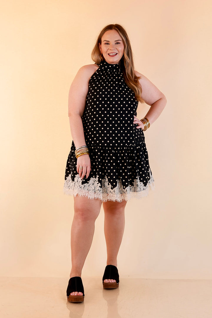 Something to Love Polka Dot Lace Trim Halter Dress in Black and Ivory