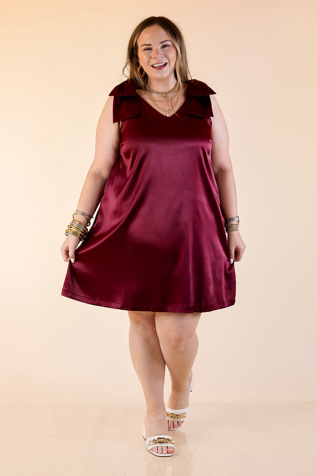 Satin Soirée V Neck Mini Dress with Bow Strap Detailing in Maroon