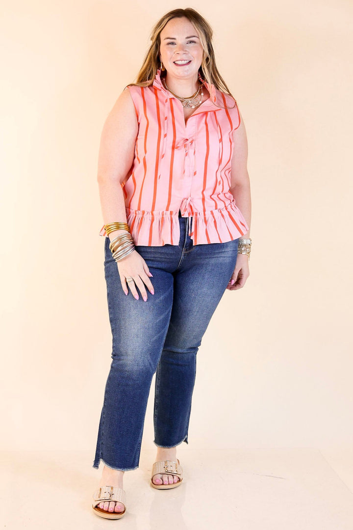 Bow Babe Striped Self Tie Peplum Blouse in Pink