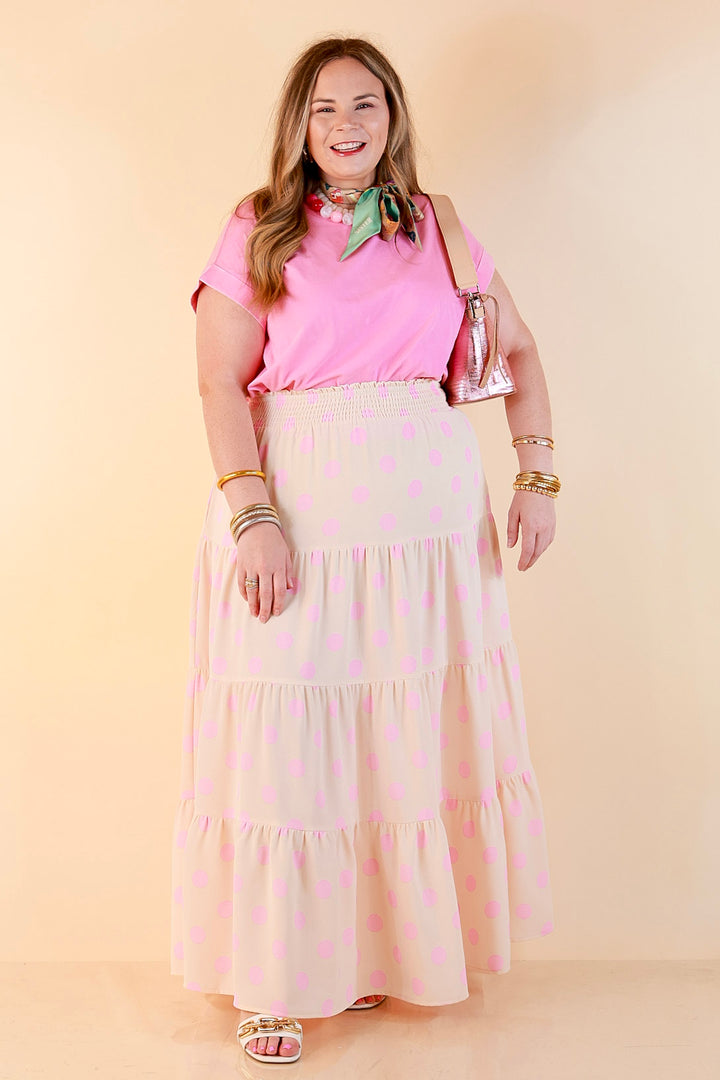 Sweet Spot Polka Dot Print Tiered Maxi Skirt with Elastic Waistband in Cream and Pink